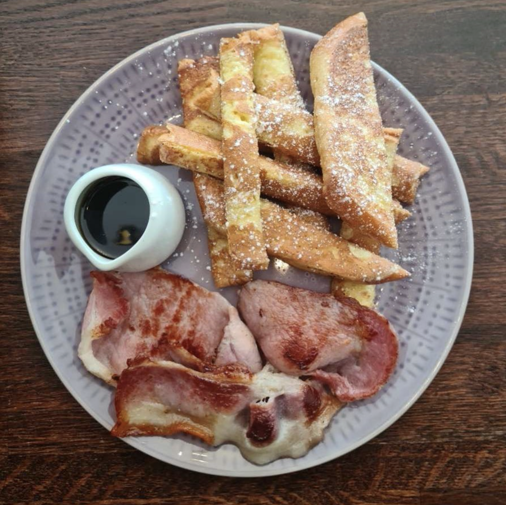 French toast soldiers with bacon and maple syrup